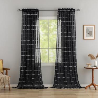 Imagem de Cortinas pretas transparentes 243,8 cm de comprimento estilo boêmio listrado padrão falso cortinas de linho para sala de estar semitransparente filtragem de luz boêmia bordado drapeado para decoração