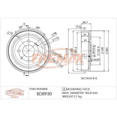 Imagem de Tambor de freio Traseiro Fiat Palio 2010 a 2023 FREMAX