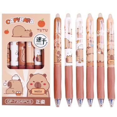 Imagem de MOZXIRZ 6 canetas de gel apagável, capivara, retráteis, fofas - tinta preta de 0,5 mm para escritório, escola, mulheres, meninos (tinta preta-capivara)