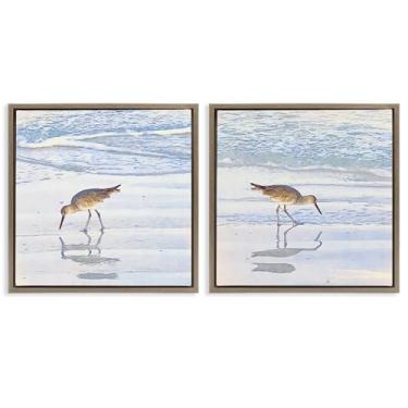 Imagem de Stupell Industries Conjunto de arte de parede em tela emoldurada Seaside Sandpiper Birds 2 peças marrom flutuante por Christine Zalewski, 25 x 25