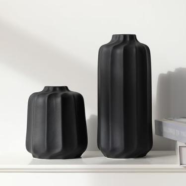 Imagem de Conjunto de vaso de cerâmica, design canelado, preto, 2 peças (preto, BAILAN grande)