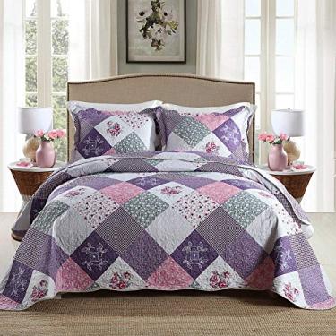 Imagem de Conjunto de colcha de colcha Homcosan Queen Full/King Size, padrões de patchwork reversíveis, colcha leve para todas as estações, roupa de cama de 3 peças (1 colcha + 2 fronhas), Purple Floral Pattern, Queen/Full(90"x98")