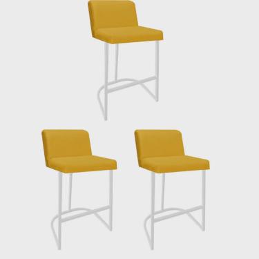 Imagem de Kit 03 Banquetas Com Encosto Noah Luxo Confort Bistrô Cozinha Ferro Branco Sintético Amarelo - Ahazzo Móveis