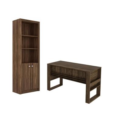 Imagem de Escritório com Mesa para Computador Simples Chave Com Armário Pareteleira 2 Portas Nogal - FdECOR