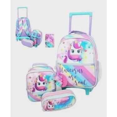 Imagem de Kit Mochila Rodinha Infantil Unicórnio Escolar Com Chaveiro