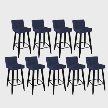 Imagem de Kit 09 Banqueta Alta Lucy Com Encosto Cozinha Bar Balcão Bistrô Pé Palito Preto Suede Azul Marinho - Ahz Móveis
