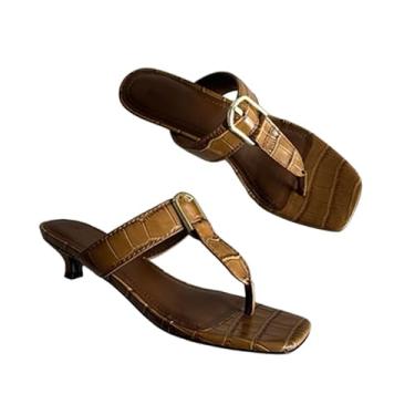 Imagem de Archicolor Sandálias femininas minimalistas, modernas, francesas, salto de gato, fivela dourada, padrão de crocodilo, sandálias de verão, Caqui, 34