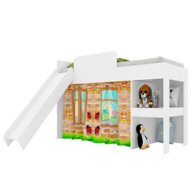 Imagem de Cama Infantil Branca Cabaninha com Escorregador Playground MDP Escada Prateleira