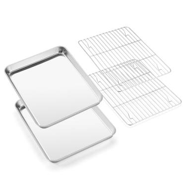 Imagem de E-far Assadeira com grade de arame (2 formas + 2 prateleiras), assadeira de aço inoxidável e rack de resfriamento para assar, não tóxico e resistente, seguro para forno e lava-louças, 30 x 24 x 2 cm