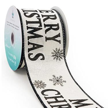 Imagem de CT CRAFT LLC Fita de juta sintética marfim Feliz Natal com fio 6 cm x 10 metros marfim/preto para decoração de casa de Natal, enfeite de árvore, laço, embrulho de presente, faça você mesmo, guirlanda
