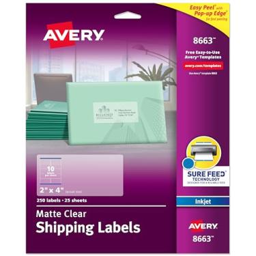 Imagem de Avery Etiquetas de envio imprimíveis com alimentação segura, adesivos personalizáveis de 5 cm x 10 cm, transparente fosco, 250 etiquetas de correspondência em branco, ótimas para correspondência,