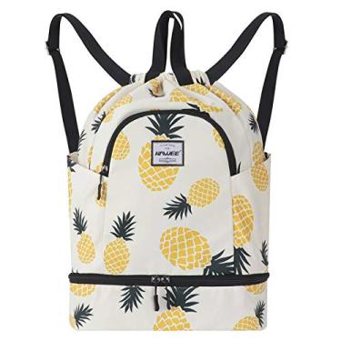 Imagem de Mochila HAWEE com cordão seco e molhado com compartimento para sapatos para mulheres e meninas à prova d'água, bolsa para ioga, esportes ao ar livre, mochila para academia/praia/piscina, abacaxi