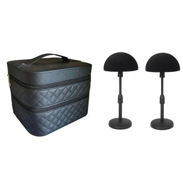 Imagem de FASHION DO Caixa de viagem de luxo para peruca ou estojo de maquiagem compacto durável em preto e suporte de cabeça de peruca de isopor de veludo ajustável, Preto, Wcase double, Push-up