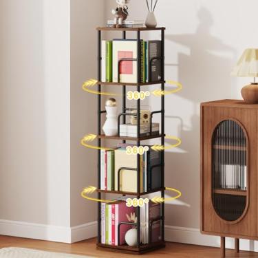 Imagem de Estante rotativa para livros, estante pequena de canto estreito de 4 camadas para espaços pequenos, estantes quadradas para quarto/sala de estar, resistente, capacidade para 120 livros, retrô rústico
