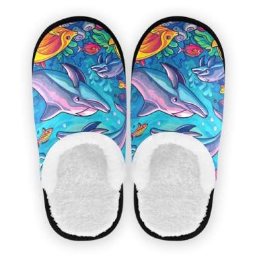 Imagem de Joisal Mimosa Chinelos de inverno portáteis masculinos para casa, chinelos de spa com bolsa de armazenamento, Golfinhos de desenho animado colorido vibrante, 5-8 US Women/5-8 US Men