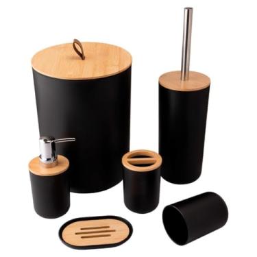 Imagem de Kit Banheiro Conjunto 6/4 / 2 Peças Completo Lixeira Tampa Basculante Bambu Lavabo Escova Sanitária (6 Peças Preto)