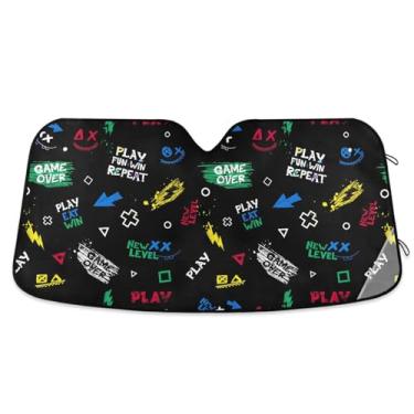 Imagem de Símbolos de jogos viseira de para-brisa preta proteção UV janela frontal carro para-sol para a maioria dos sedãs SUV caminhão grande