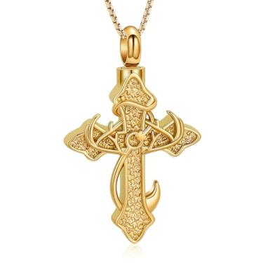 Imagem de Ydmwannx Colar de urna com cruz para cinzas, anzol de peixe, joia de cremação, pingente de cinzas de chifre de veado para mulheres e homens, lembrança memorial de cinzas, medalhão do amor, One Size