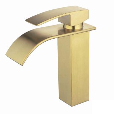 Imagem de Torneira de Banheiro ou Lavabo Cascata Dourada Escovada  Misturador Monocomando
