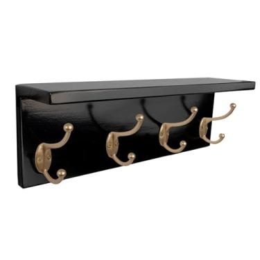 Imagem de SANY DAYO HOME Cabide de madeira de pinheiro montado na parede com prateleira e 4 ganchos resistentes de duas garras para entrada, cozinha, banheiro, quarto, lavanderia (preto e dourado, 40,6 x 12,7 x