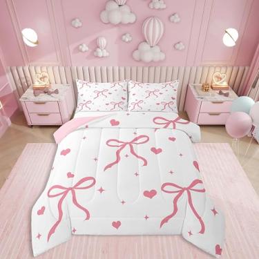 Imagem de Erosebridal Jogo de cama casal com laço de fita de desenho kawaii, amor, coração, para meninas e crianças, edredom desenhado à mão com estrelas e galáxia, estilo princesa fantasia