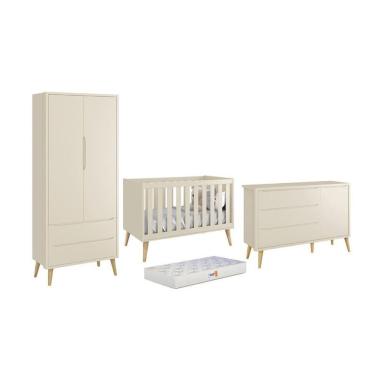 Imagem de Dormitório Theo 2 Portas, Cômoda Com Porta Areia Fosco Com Pés Madeira Natural E Colchão D18 - Reller Móveis Areia Fosco