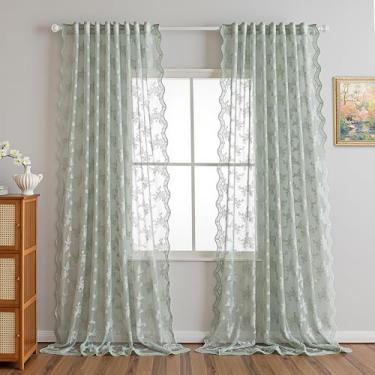 Imagem de MEETSKY Cortinas de renda 227 cm de comprimento, cortinas transparentes de sálvia para sala de estar, quarto, aba traseira, vintage, vitoriana, francesa, elegante, bolso para varão, cortinas de