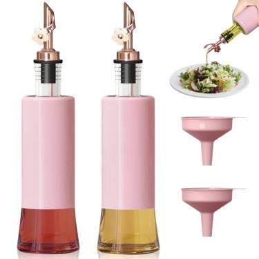 Imagem de MIAO'ER Conjunto de 2 garrafas dispensadoras de azeite de oliva para cozinha, bico de aço inoxidável ouro rosa, suporte com uma mão, com funil rosa para fácil enchimento, 300 ml (rosa)
