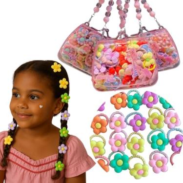 Imagem de Kit de Acessórios Cabelo Infantil Presilhas Coloridas Fofas Bolsinha Decorativa Rosa com Alça em Contas (Jardim Arco-Íris)