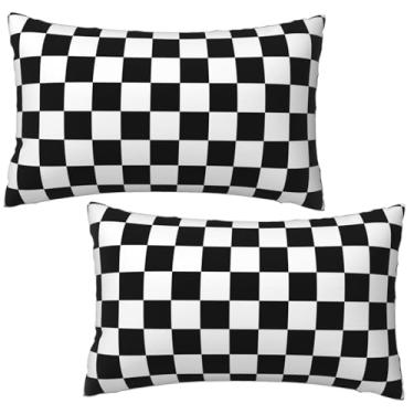 Imagem de Qwalnely 2 conjuntos de capas de almofada decorativas xadrez, 30 x 50 cm para sala de estar, sofá-cama, decoração de casa xadrez preto e branco, capa de almofada macia