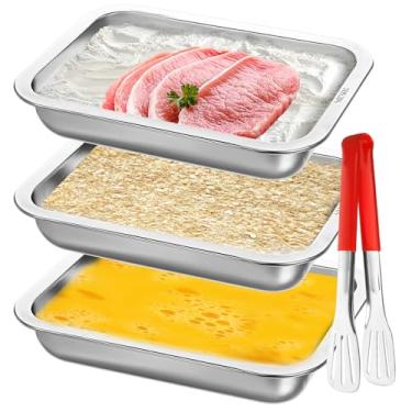 Imagem de Conjunto de 3 bandejas de panificação de aço inoxidável com pinça, pratos de panificação para peito de frango, marinar carne e preparar refeições (26,4 cm x 19,6 cm x 6,3 cm)