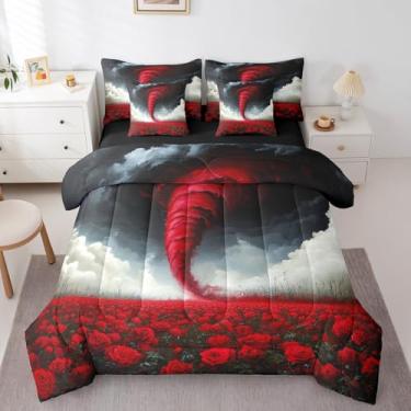 Imagem de Erosebridal Jogo de cama solteiro com estampa de tornado vermelho, 7 peças, romântico, rosa, floral, para crianças, meninas, meninos, lençol de cama de caveira de açúcar, edredom de penas de furacão,