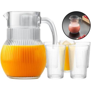 Imagem de Conjunto 6 Copos 230ml + Jarra De Vidro Com Tampa Alça 1 Litro Para Ág