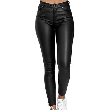Imagem de Calças De Couro Femininas Sexy Skinny Legging Stretch Pu Couro Falso Calças Femininas Preto Faux Leather Biker Pants, Black, XL
