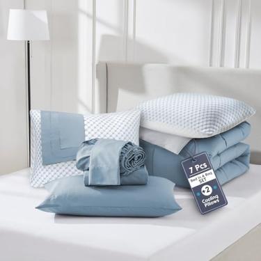 Imagem de Nestl Conjunto de edredom solteiro de 7 peças – Cama reversível azul pedra em uma bolsa – Conjunto completo de cama de solteiro com lençóis, travesseiros refrescantes, fronha e fronha