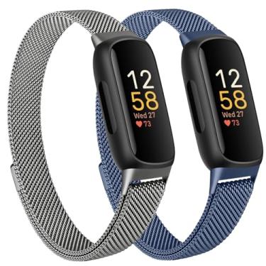 Imagem de Oumida Pulseira de metal de malha compatível com Fitbit Inspire 3, pulseira de aço inoxidável ajustável para monitor de saúde e fitness, cinza espacial + azul marinho