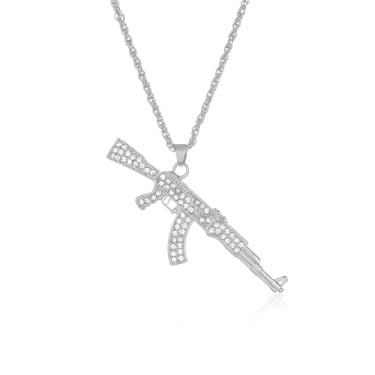 Imagem de Peasimy Colar punk hip-hop completo de strass com pingente de metralhadora para homens e mulheres joias urbanas, Large, Metal, Sem Pedra Preciosa