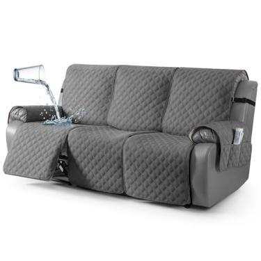 Imagem de TAOCOCO Capas de sofá reclináveis 100% à prova d'água, capas de sofá reclináveis com alças de perna, 1 capa de sofá reclinável lavável com protetor de bolso para animais de estimação (3 lugares, cinza