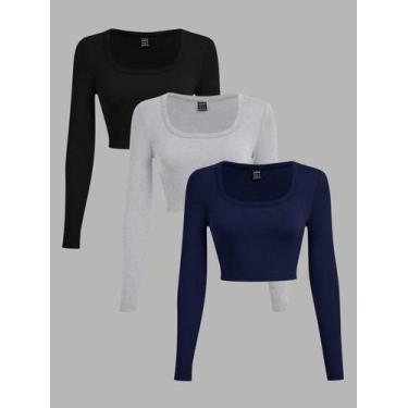 Imagem de 3 Peças/Conjunto Camisetas Cropped de Manga Longa com Gola em U Minima