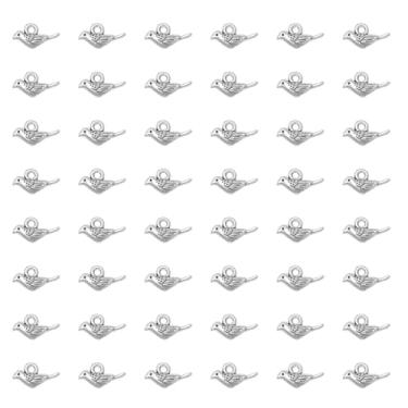 Imagem de Ruwado 50 pingentes de pássaro pequeno 0,7 x 1,3 x 0,4 cm de metal, pequenos pingentes vintage fofos para fazer joias faça você mesmo, colar, pulseiras, chaveiro, decoração de Natal (prata antiga)