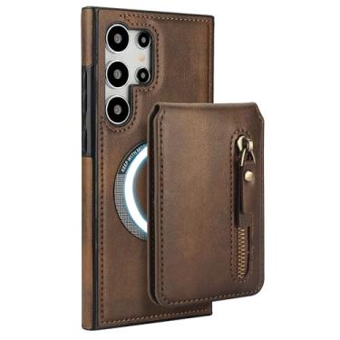 Imagem de HAOMRIYL Capa tipo bolsa para Samsung Galaxy S25 Ultra/S25 Plus/S25, carteira destacável, porta-cartões, capa de couro com carregamento magnético sem fio, marrom, S25plus