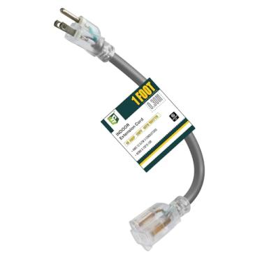 Imagem de EP Cabo de extensão iluminado de 3 m - Cabo de extensão cinza resistente SJTW 12/3 com plugue aterrado de 3 pinos - Cabo de alimentação para gramado, jardim, eletrodomésticos