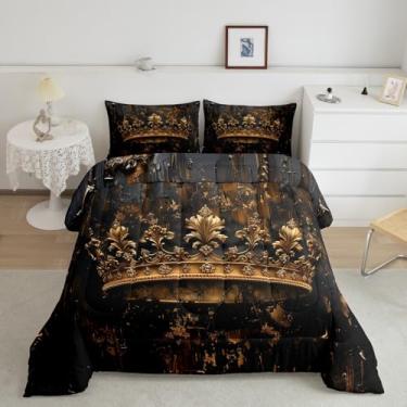 Imagem de Homewish Conjunto de edredom casal com coroa dourada, temática king e Queen, coleção de edredom vintage, preto e marrom, grafite para meninas e adolescentes