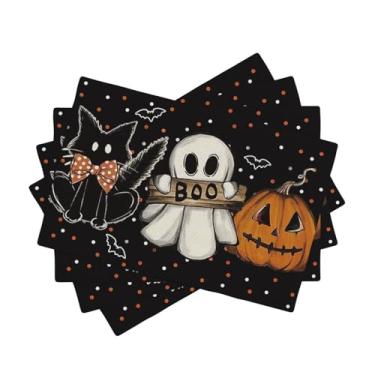 Imagem de Jogo americano de jardim de Halloween assustador caminhão fantasma, conjunto de 10 x 45 cm, xadrez, morcego, plantas de linho, tapetes de mesa de tecido lavável, para decoração de Halloween, cozinha