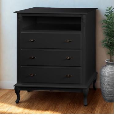 Imagem de Cômoda para Quarto com 4 Gavetas Pés Luiz Xv Madeira Maciça Puxador Metal Laqueado Preto
