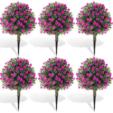 Imagem de Yunlly Conjunto de 6 arbustos artificiais de buxo rosa com espigão no solo, arbustos artificiais resistentes a UV, pincel falso para plantas artificiais perenes falsas para varanda e jardim ao ar