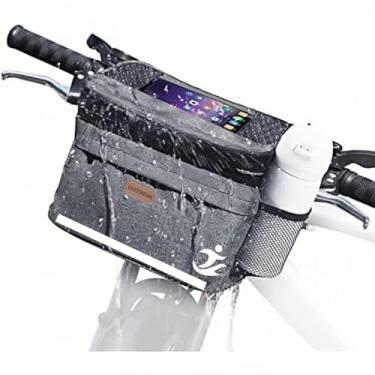 Imagem de Bolsa para guidão de bicicleta, cesta de bicicleta com suporte de telefone para tela sensível ao toque, bolsa frontal de bicicleta isolada com bolsos de malha, bolsa frontal de bicicleta para