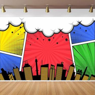 Imagem de CapiSco Pano de fundo de super cidade com desenho animado de 1,8 x 1,8 m, sessão de fotos de super-herói, quadrinhos, horizonte urbano, boom da cidade, cenário fotográfico para decoração de