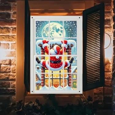 Imagem de BlissYard Capa de janela de Natal, 78 x 129 cm, Papai Noel, chaminé, escalada, janela, pano de fundo, cenário de lua cheia, cenário de parede, decoração de casa, festa de Natal