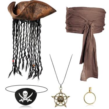 Imagem de Conjunto de 5 peças de fantasia de pirata de Halloween, chapéu de pirata com brincos Dreadlocks, colar de caveira, faixa grande para homens e mulheres